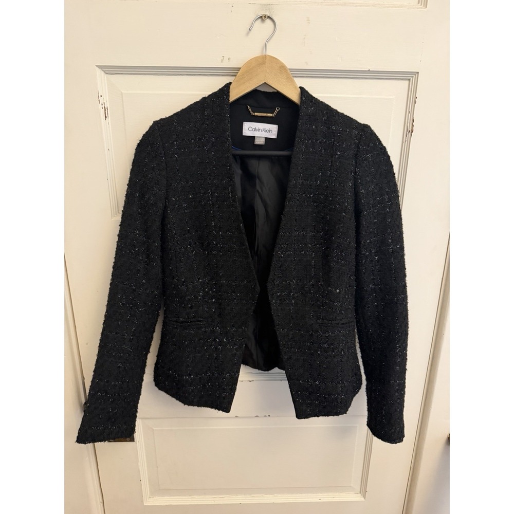 Calvin Klein Women's Black Metallic Tweed Open Front Blazer Lined Career Size 2P